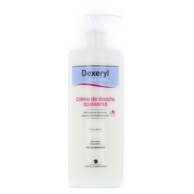 Vue arrière du flacon de gel douche Dexeryl montrant la description du produit et la liste des ingré