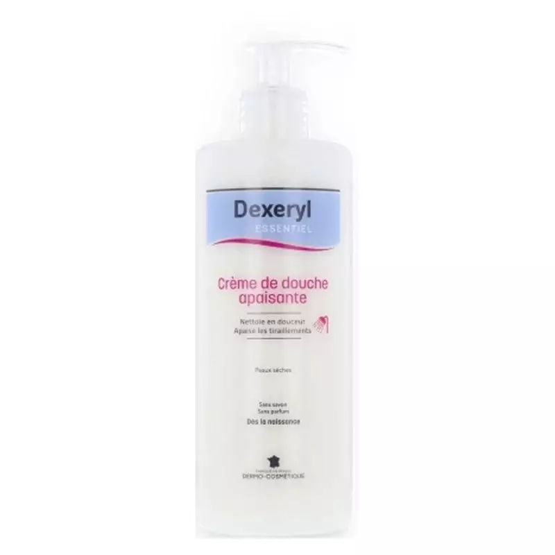 Vue arrière du flacon de gel douche Dexeryl montrant la description du produit et la liste des ingré