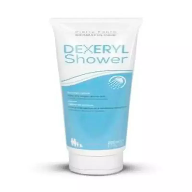 Vue de face du flacon de gel douche hydratant Dexeryl, 200ml, pour peaux sèches et à tendance atopiq