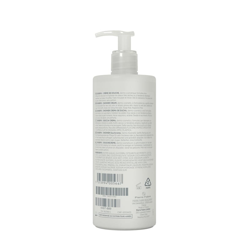Gros plan sur la texture de la crème lavante Dexeryl, crème hydratante riche pour peau sensible.