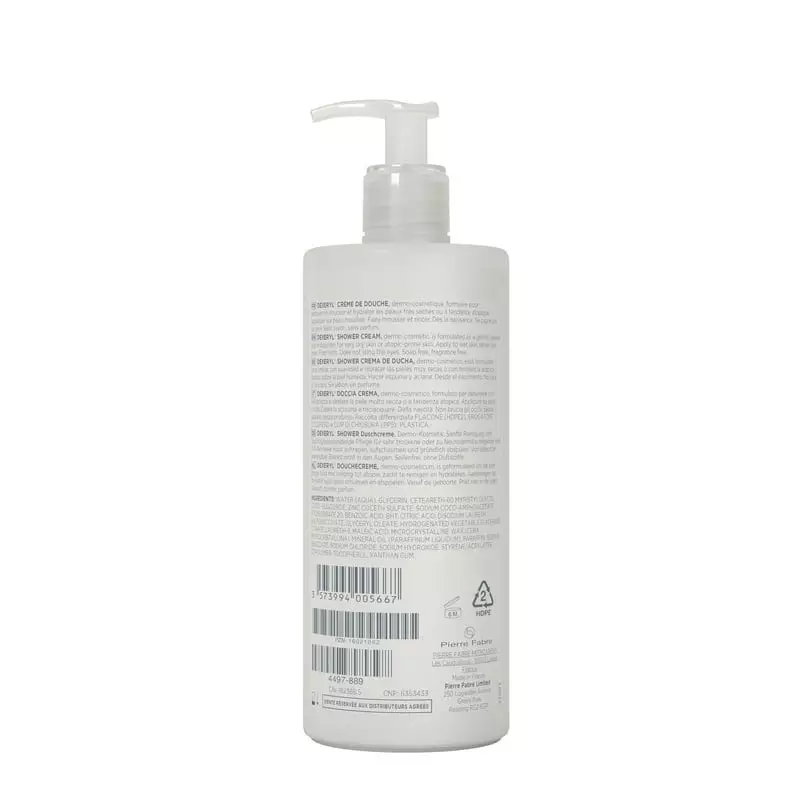 Gros plan sur la texture de la crème lavante Dexeryl, crème hydratante riche pour peau sensible.
