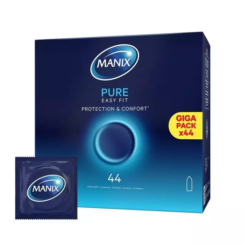Packshot de la boîte de préservatifs Manix Pure Easy Fit, lubrifiant vanille et design Easy Fit pour