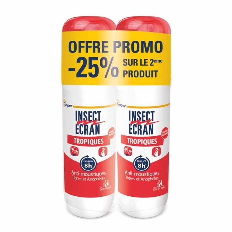 Cooper 1451347 Insect Ecran Tropical répulsif moustiques pack de deux flacons de 75 ml sur fond blan