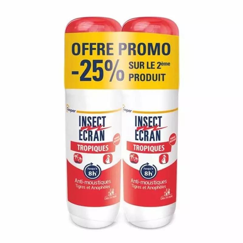 Cooper 1451347 Insect Ecran Tropical répulsif moustiques pack de deux flacons de 75 ml sur fond blan
