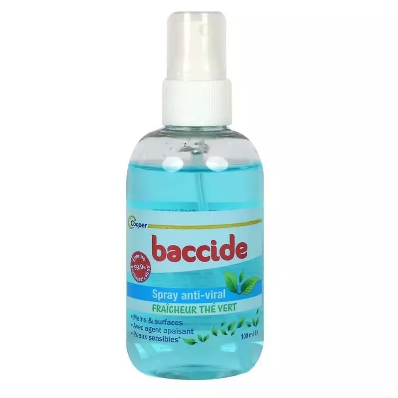 Spray antiviral Cooper Baccide Fraîcheur Thé Vert, 500 ml, désinfectant parfumé au thé vert pour mai