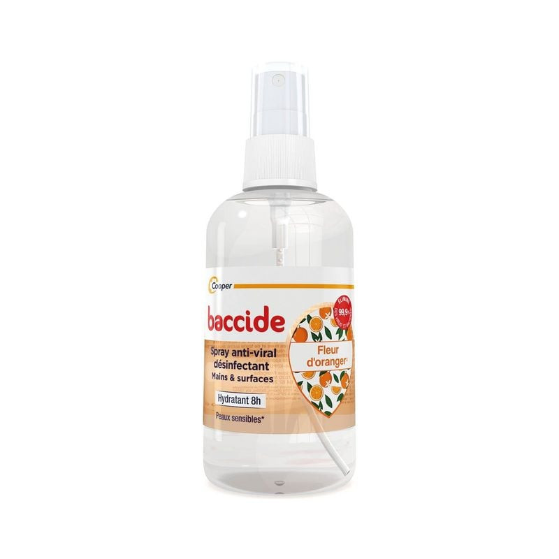 Packshot du spray désinfectant Assanis Baccide Anti-Viral Fleur d'Oranger 100ml, flacon blanc avec p
