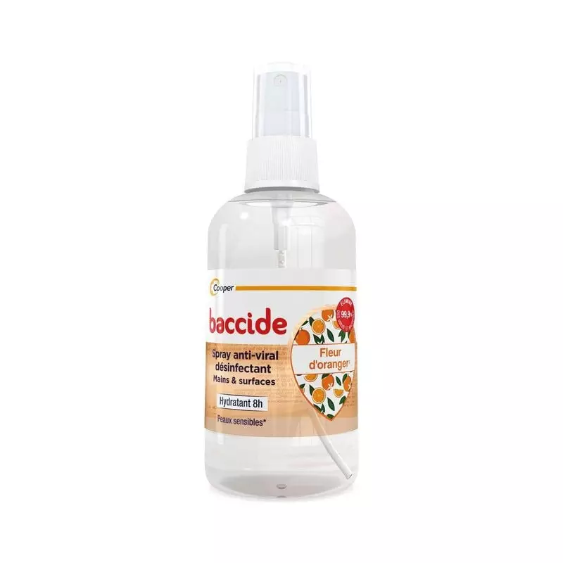 Packshot du spray désinfectant Assanis Baccide Anti-Viral Fleur d'Oranger 100ml, flacon blanc avec p