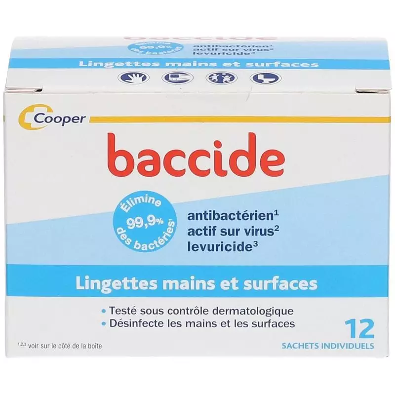 Vue de face de la boîte de lingettes désinfectantes Baccide avec nom du produit et protection 3-en-1