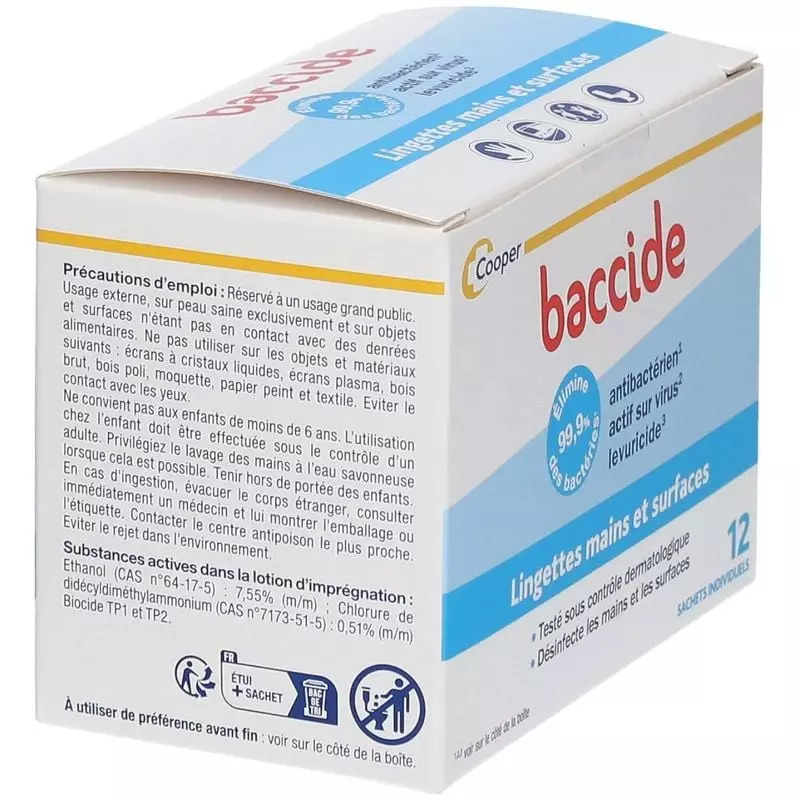 Vue arrière de la boîte de lingettes désinfectantes Baccide avec instructions d'utilisation et liste
