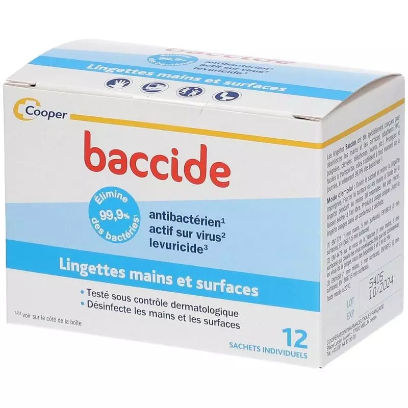 Packshot de la boîte de lingettes désinfectantes Assanis Baccide x12 en sachets individuels, format 