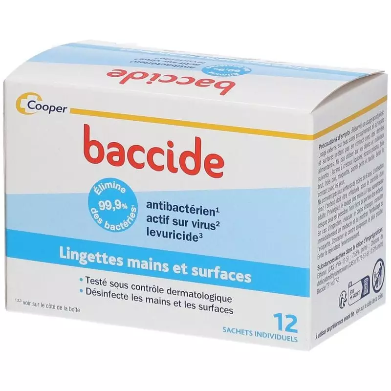 Vue latérale de la boîte de lingettes désinfectantes Baccide avec 12 lingettes et action bactéricide
