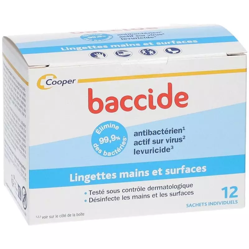 Packshot de la boîte de lingettes désinfectantes Assanis Baccide x12 sachets individuels.