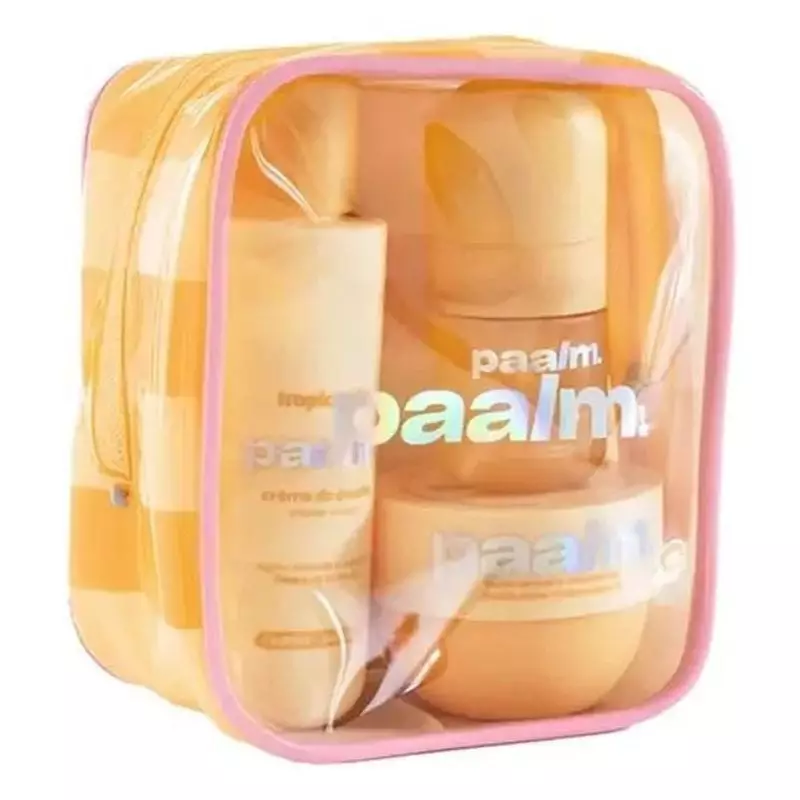 Coffret découverte PAALM Tropical Kiss avec trois flacons voyage : crème de douche, crème fouettée c