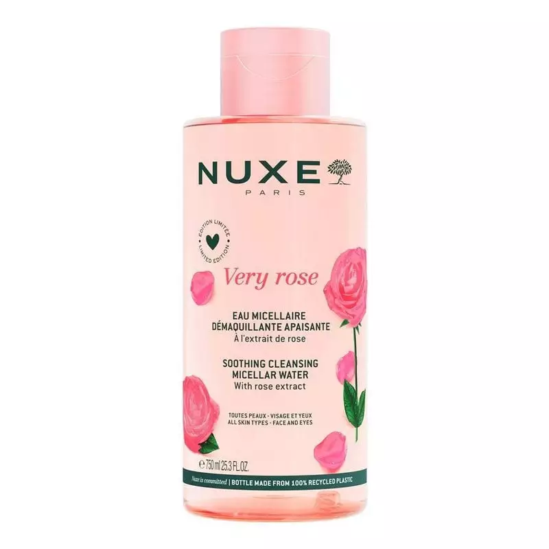 Vue de face du flacon Nuxe Very Rose Eau Micellaire Démaquillante Apaisante 750ml avec bouchon et ét