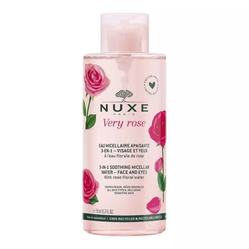 Étiquette arrière de l'eau micellaire Very Rose Nuxe avec ingrédients et instructions.