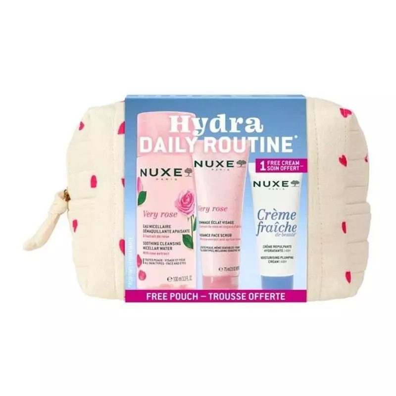 Kit Nuxe Hydra Daily Routine : eau micellaire Very Rose apaisante, gommage exfoliant et crème repulp