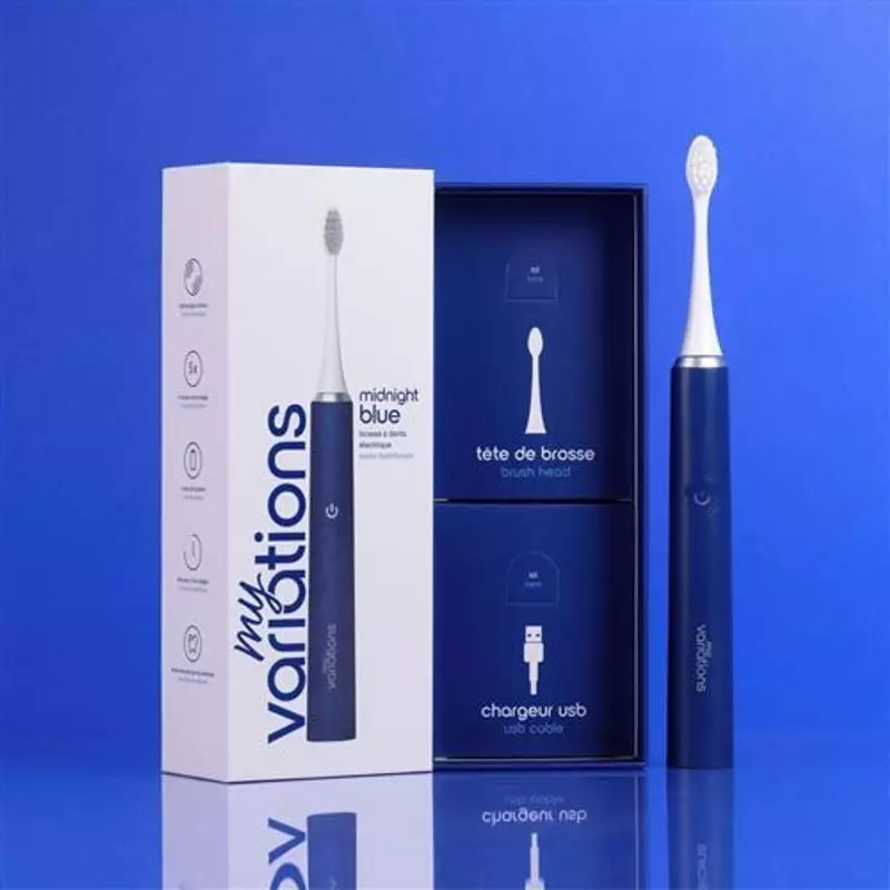 MyVariations Brosse à dents électrique sonique Bleu Nuit posée sur un comptoir de salle de bain, pri