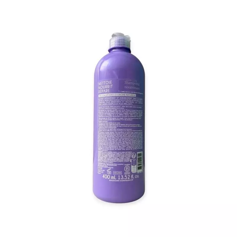 Vue arrière de la recharge de shampoing nourrissant La Rosée 400ml montrant la liste des ingrédients