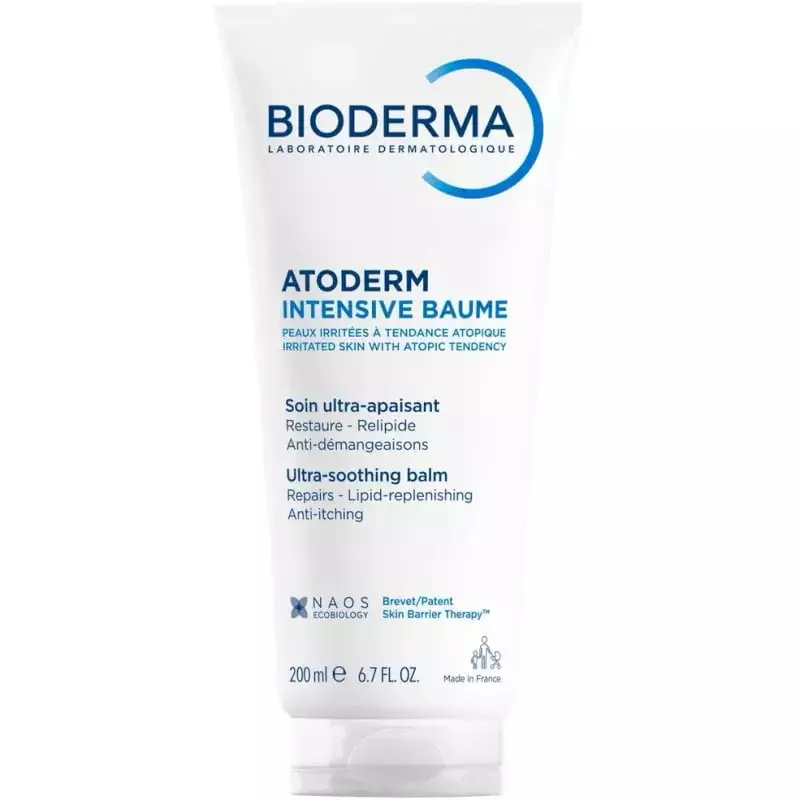 Bioderma Atoderm Intensive Baume en packshot, un tube blanc avec bouchon vert sur fond propre.