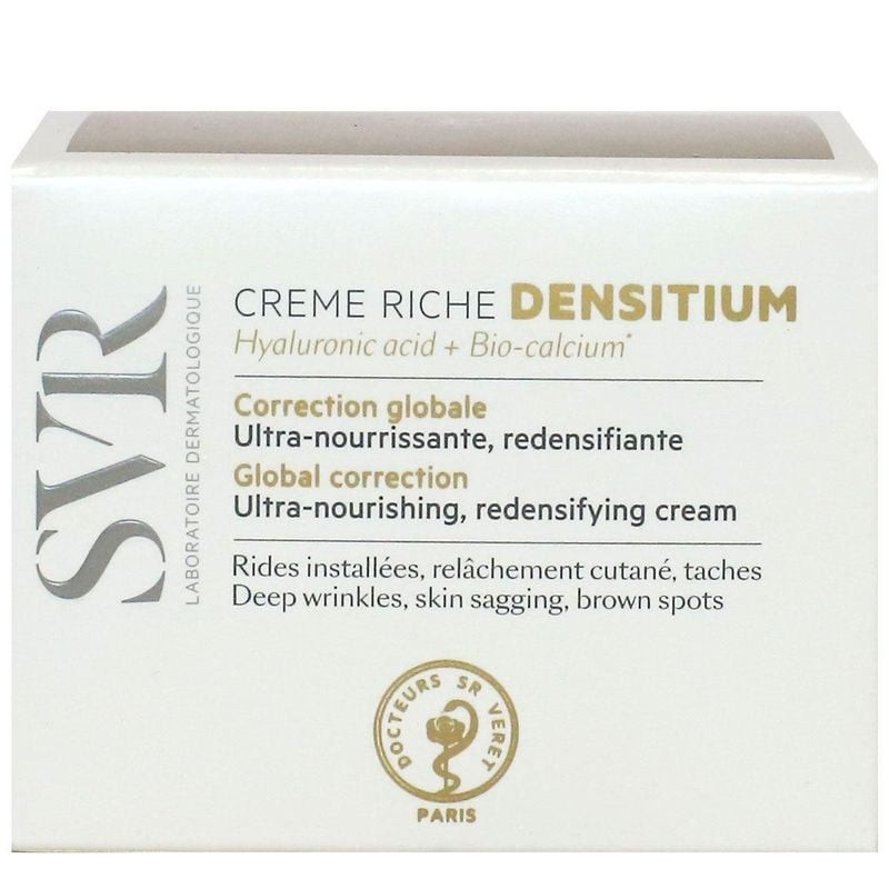 Vue de face du tube de crème anti-âge 1456245 SVR, avec étiquette produit et nom de la marque.