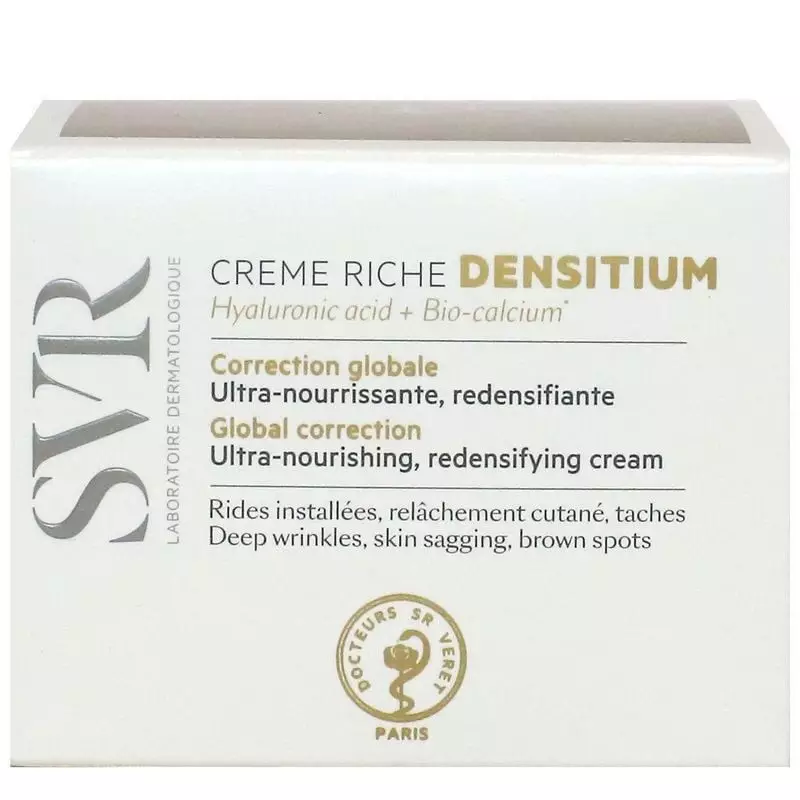 Vue de face du tube de crème anti-âge 1456245 SVR, avec étiquette produit et nom de la marque.