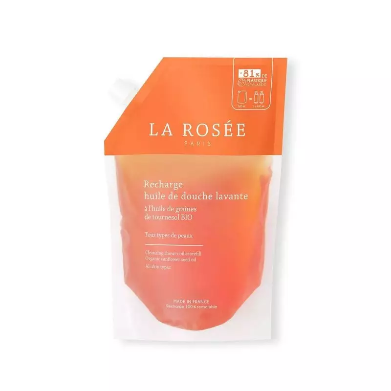 Vue de face de La Rosée L'Éco-recharge Huile de Douche Lavante avec sa recharge écologique