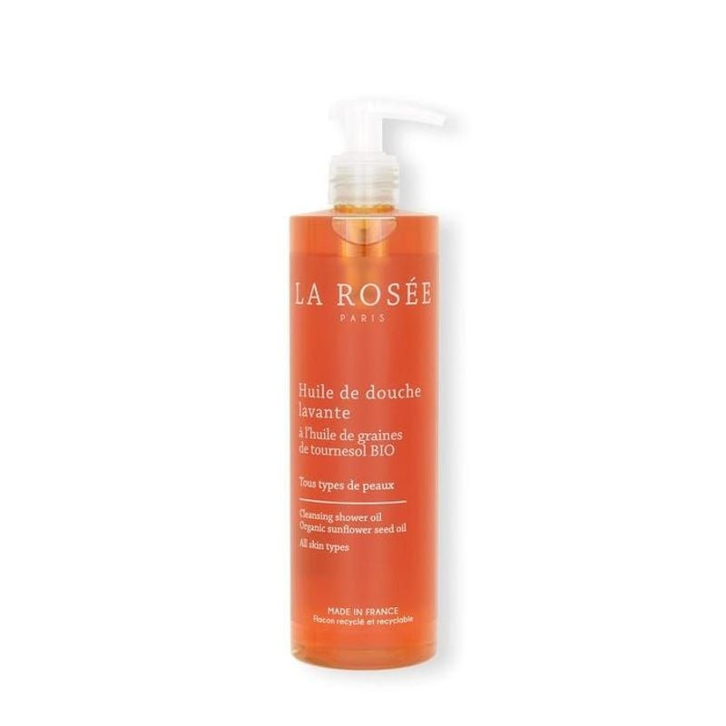 Huile de Douche Lavante La Rosée dans un flacon blanc avec étiquette verte, packshot sur fond clair.