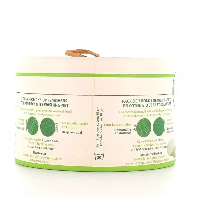 Packshot montrant les disques démaquillants réutilisables 1570915 et le sac en filet inclus pour le 