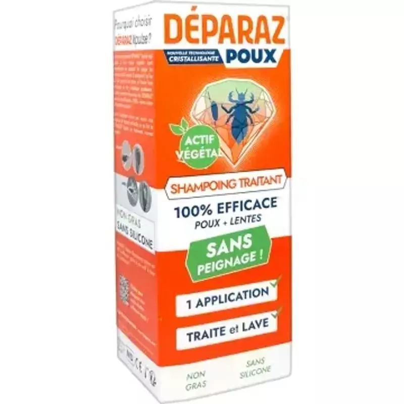 Packshot du shampoing traitant Déparaz Poux 1570913 150ml avec étiquette et branding.