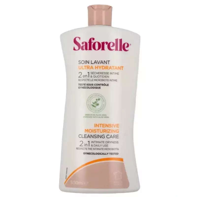 Vue de face du flacon Saforelle Soin Lavant Ultra Hydratant, un gel lavant intime sans savon pour pe