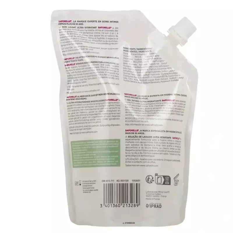 Étiquette arrière du Saforelle Soin Lavant Ultra Hydratant montrant les ingrédients et le mode d'emp