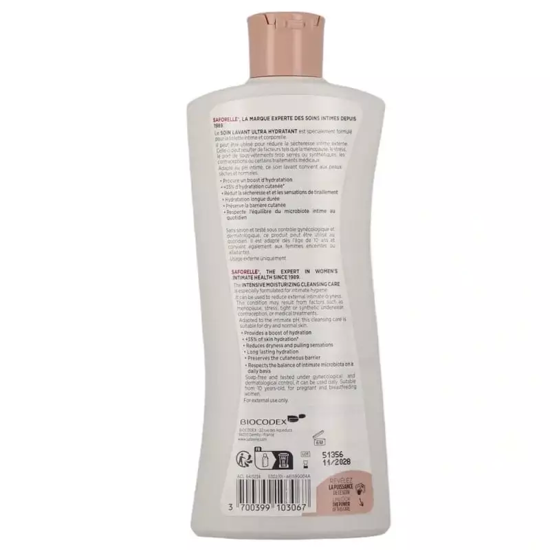 Vue en angle du flacon de Saforelle Soin Lavant Ultra Hydratant montrant le design élégant