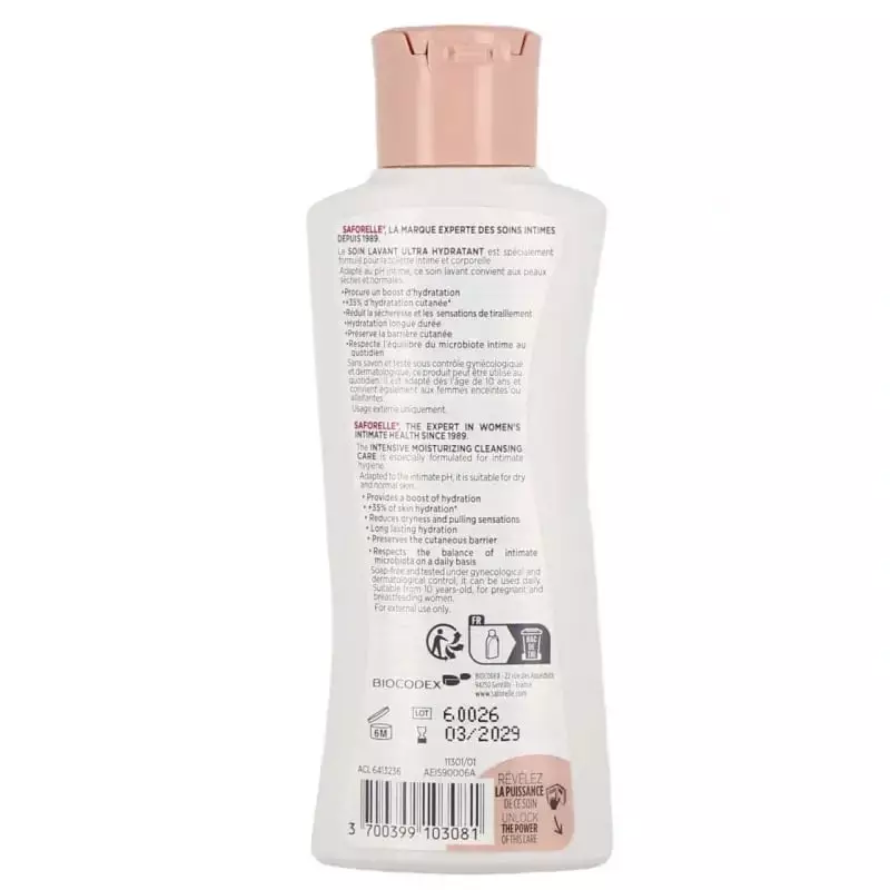 Détail de l'étiquette du Saforelle Soin Lavant Ultra Hydratant mettant en évidence la formule hypoal