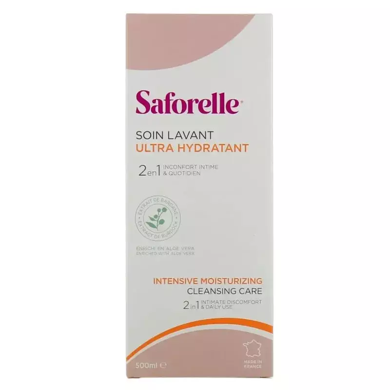 Flacon Saforelle Soin Lavant Ultra Hydratant avec capuchon ouvert, prêt à l'emploi