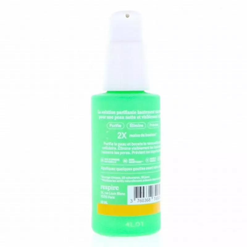 Angle latéral du flacon du Sérum purifiant Respire montrant la pipette et la clarté du produit.