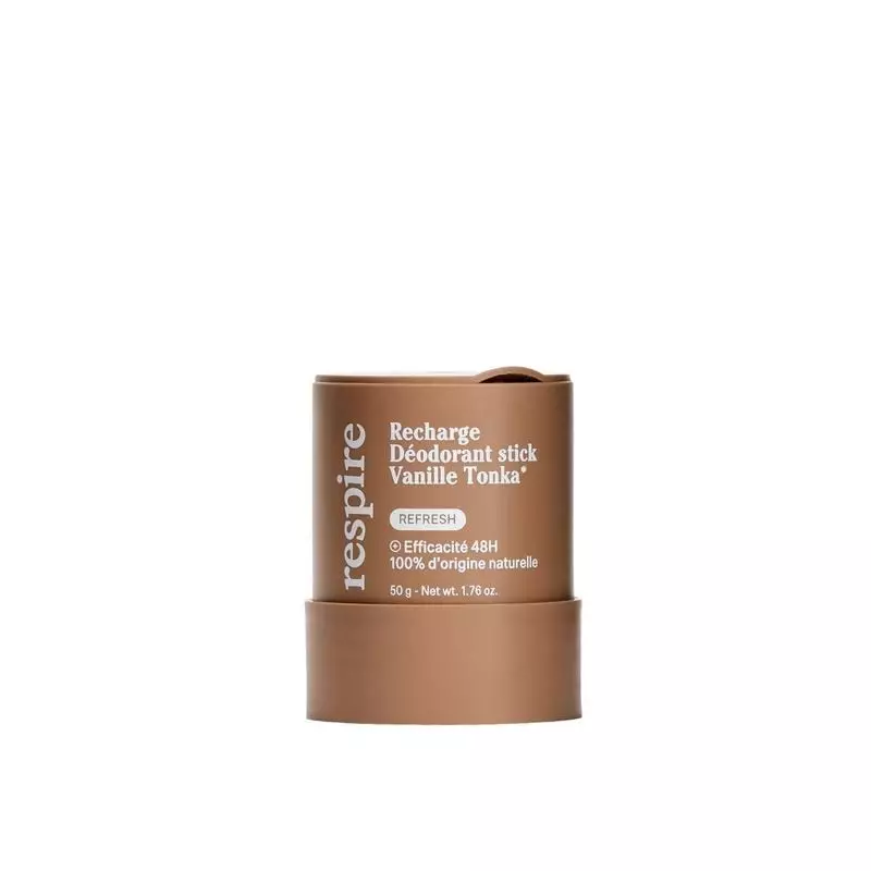 Respire recharge déodorant bâton vanille tonka en emballage, vue packshot.