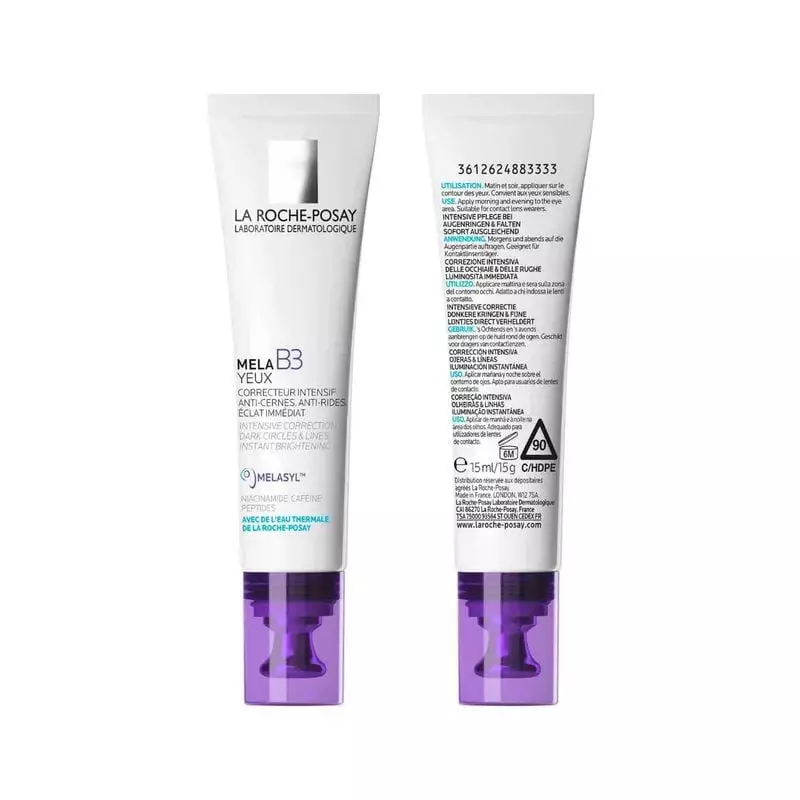 Vue de côté du tube La Roche-Posay Mela B3 Yeux montrant les détails du produit.