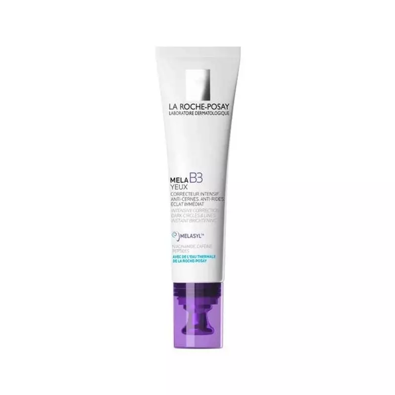 Vue de face du tube de crème contour des yeux La Roche-Posay Mela B3 Yeux avec son applicateur.