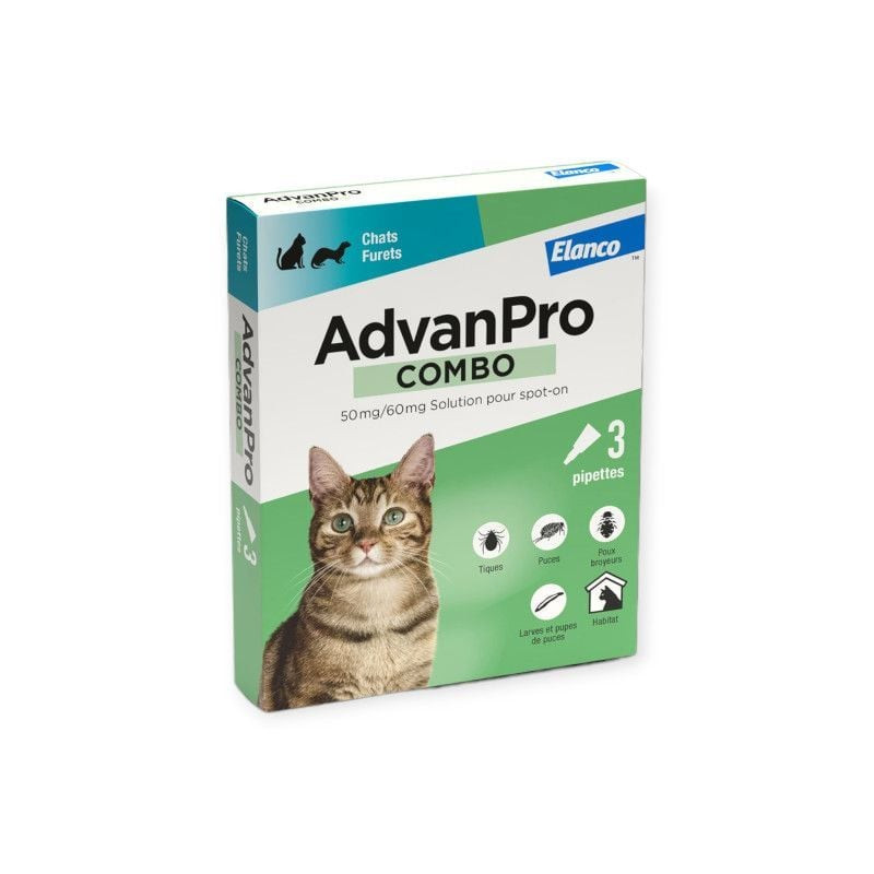 Packshot d'AdvanPro Combo spot-on antiparasitaire pour chats et furets, montrant la boîte avec trois