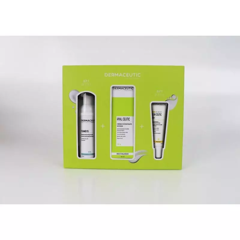Coffret best-seller Dermaceutic Hyal Ceutic avec trois soins : Hyal Ceutic, Foamer 15 et Sun Ceutic 
