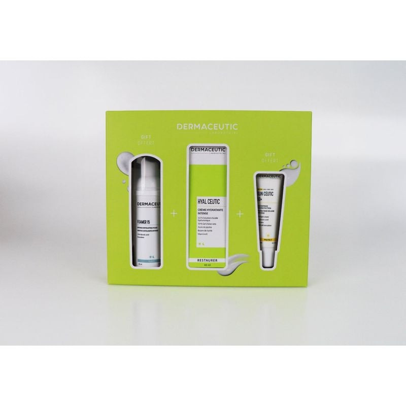 Coffret best-seller Dermaceutic Hyal Ceutic avec trois soins : Hyal Ceutic, Foamer 15 et Sun Ceutic 