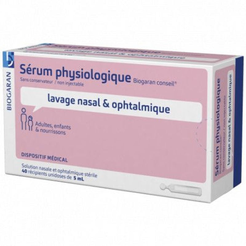 Packshot de la boîte de sérum physiologique Biogaran 1869513 montrant 40 unidoses de 5 ml pour l'hyg