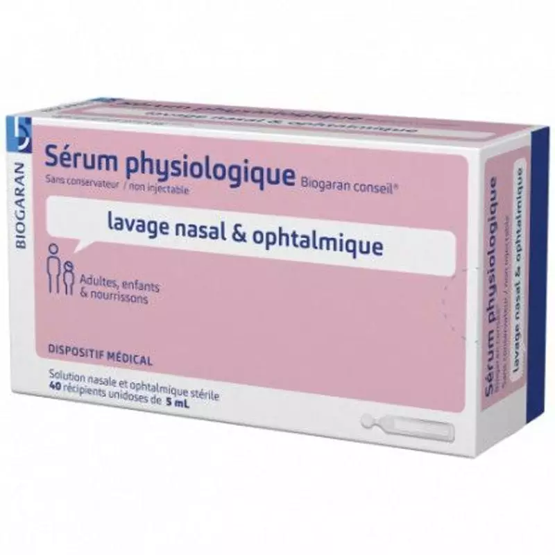 Packshot de la boîte de sérum physiologique Biogaran 1869513 montrant 40 unidoses de 5 ml pour l'hyg