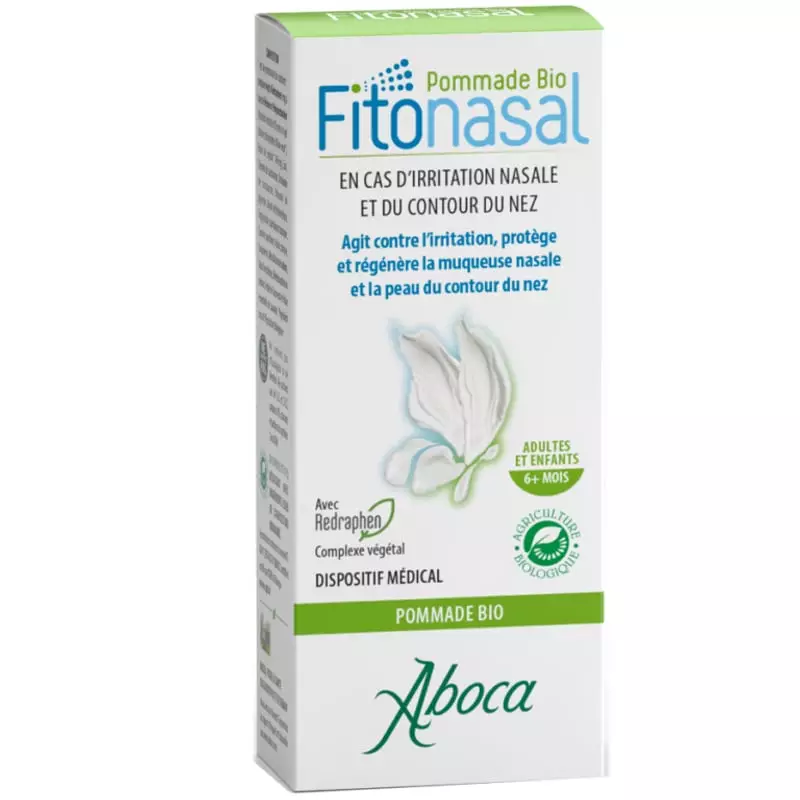 Packshot d'Aboca Fitonasal Pommade Bio, une pommade nasale bio en tube avec étiquette d'ingrédients 