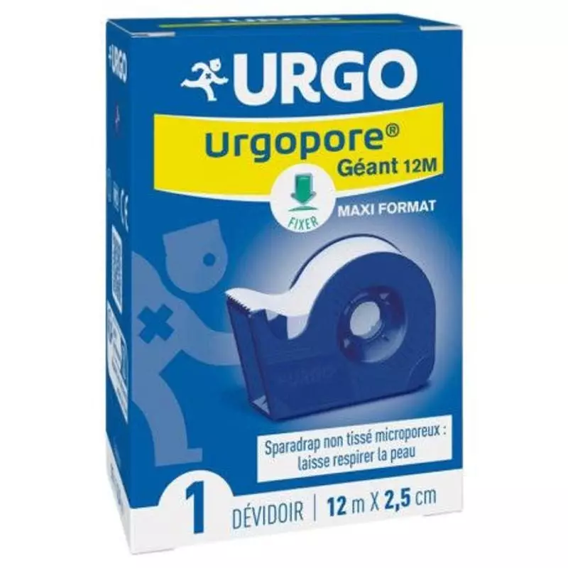 Packshot du rouleau de sparadrap micropore Urgo Urgopore Géant 1869729 avec dévidoir sur fond blanc.