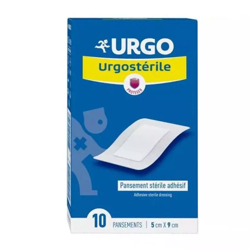 Boîte de pansements adhésifs stériles Urgostérile Urgo, 10 pansements 5x9 cm, emballage blanc avec a