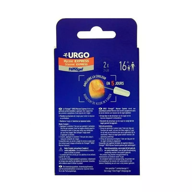 Gros plan du flacon et pinceau applicateur du traitement mycose ongles URGO Filmogel Mycose Express
