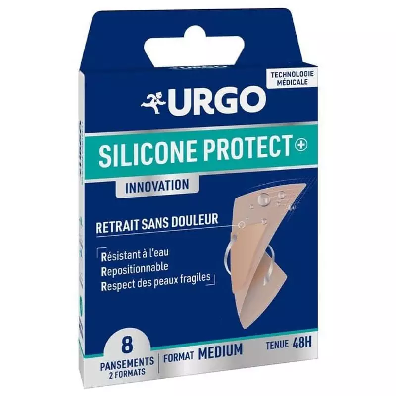 Packshot des pansements Urgo Silicone Protect+ : huit pansements adhésifs silicone imperméables moye