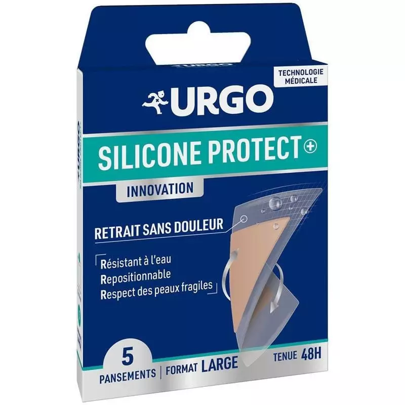 Packshot des pansements adhésifs Urgo Silicone Protect+ pour la protection des plaies superficielles
