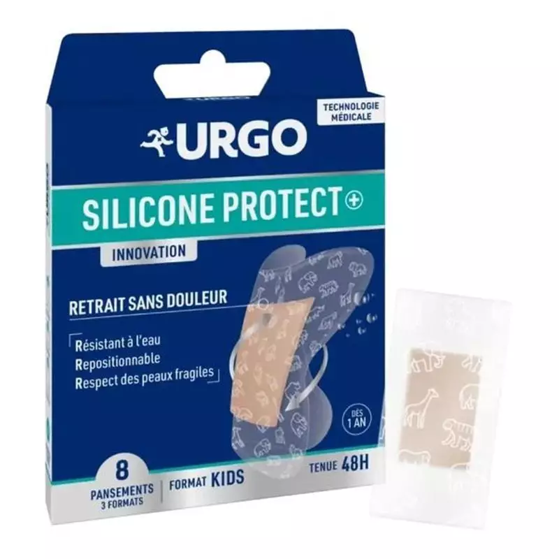 Packshot du pansement Urgo Silicone Protect+ Kids, un pansement imperméable au design coloré pour le